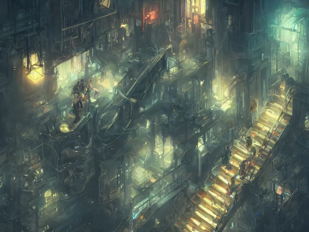 Image similar to a highly detailed epic cinematic concept art view down a flight of stairs, neon lights, digital painting, concept art, smooth, sharp focus, hyperrealistic, illustration, artstation trending