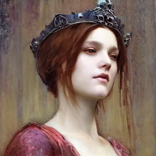 Image similar to detailed realistic beautiful young medieval queen face portrait by ruan jia, art nouveau, symbolist, visionary, gothic, pre - raphaelite