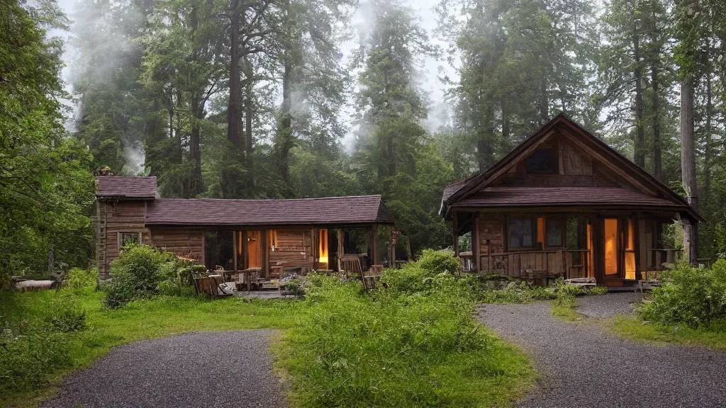 Image similar to small wooden cottage in the forest, chairs the porch, smoke coming out of the chimney, dusk, redwood trees, peaceful, river running past the cottage, a wooden rowing boat, galaxy in the night sky