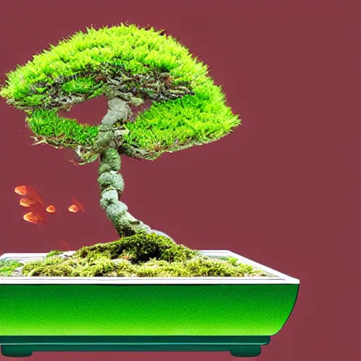 Prompt: A bonsai tree growing out of a fish tank, digital art