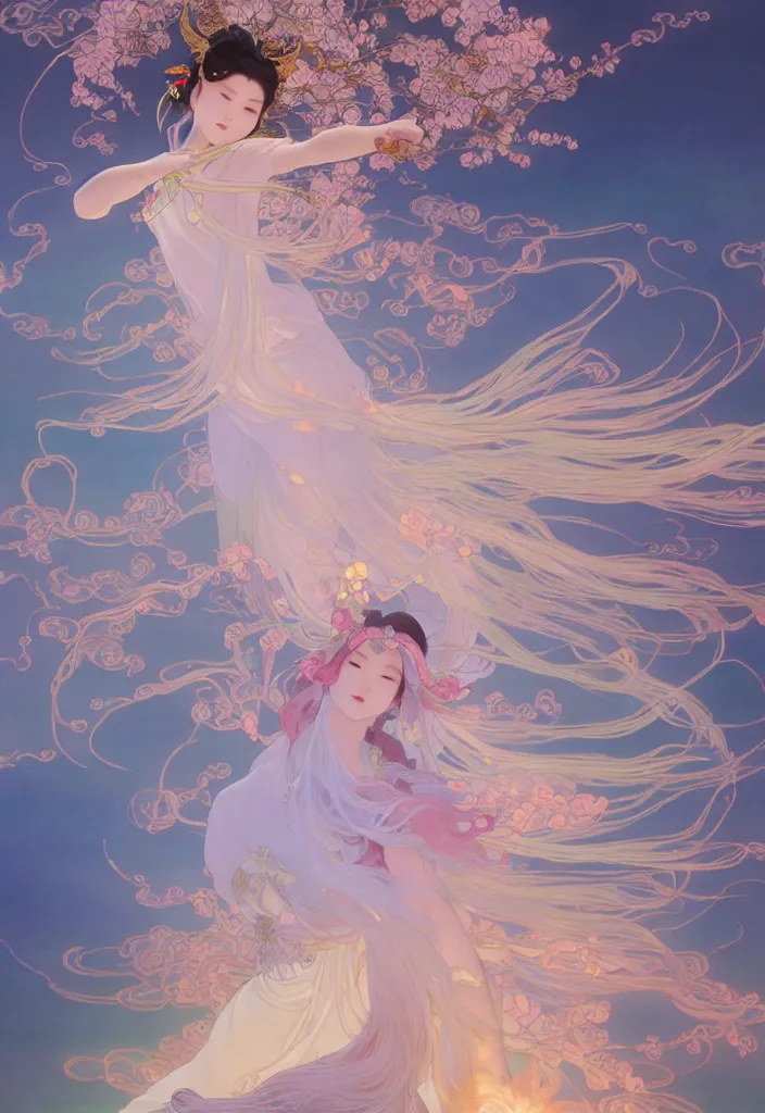 Image similar to glowing cloud, chinese taoist fairy goddess. hyper detailed, character concept, full body, dynamic pose, intricate, lineart, cerpuscular rays, lily flowers. by yoshitaka amano, alfons mucha and makoto shinkai. 8 k