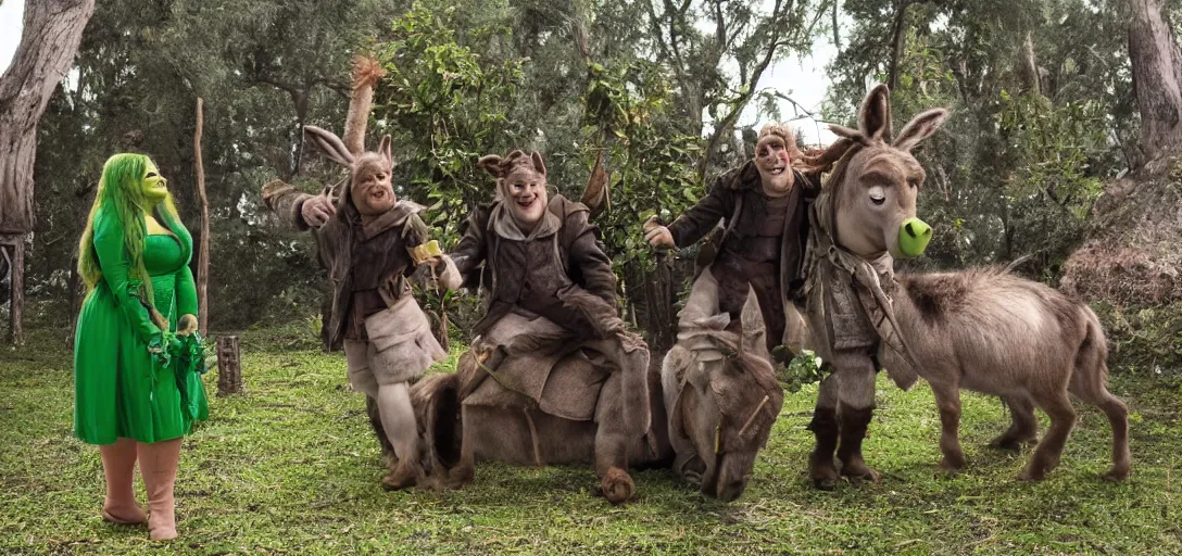 Image similar to behind the scenes photo of shrek, fiona and donkey taking a break in - between filming scenes. movie sound - set. green screen. director reviewing footage. donkey smoking a cigar.