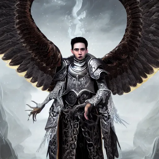 Prompt: concept art, full body portrait of a men with fully white skin and white glowing eyes holding a while eagle in his arm, photoshop, composite, image composition, ornate, blue and silver, armor, robes, staff, hyperrealistic, 4 k, unreal engine, highly detailed, dramatic lighting, beautiful, award winning photograph