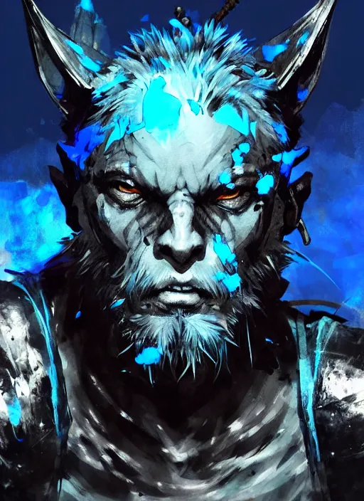 Prompt: Portrait of an old gnoll warrior with silver fure, emanating with blue aura, vibrant colours, chosen one. In style of Yoji Shinkawa and Hyung-tae Kim, trending on ArtStation, dark fantasy, great composition, concept art, highly detailed, dynamic pose.