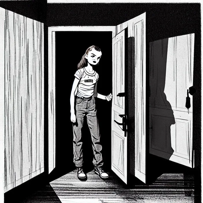 Prompt: [ inside a very dark scary empty dingy 1 9 6 0 s house ] [ sadie sink in dirty workmen clothes opens the door to enter ]. technique : black and white pencil and ink. by gabriel hardman, joe alves, chris bonura. cinematic atmosphere, detailed and intricate, perfect anatomy