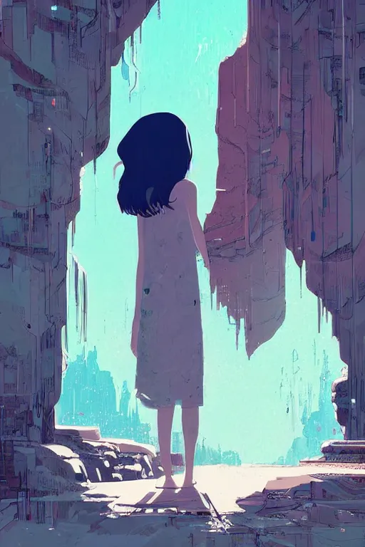 Image similar to a girl walking to a giant wooden door with archaic symbols embedded onto, cave, waterfall, digital art, very graphic illustration by pascal campion and moebius and victo ngai, colorful comics style