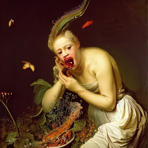 Prompt: wonderful world of carnivorous plant eating a woman, the woman has a beautiful face. photographed in high resolution, 8k, by fragonard