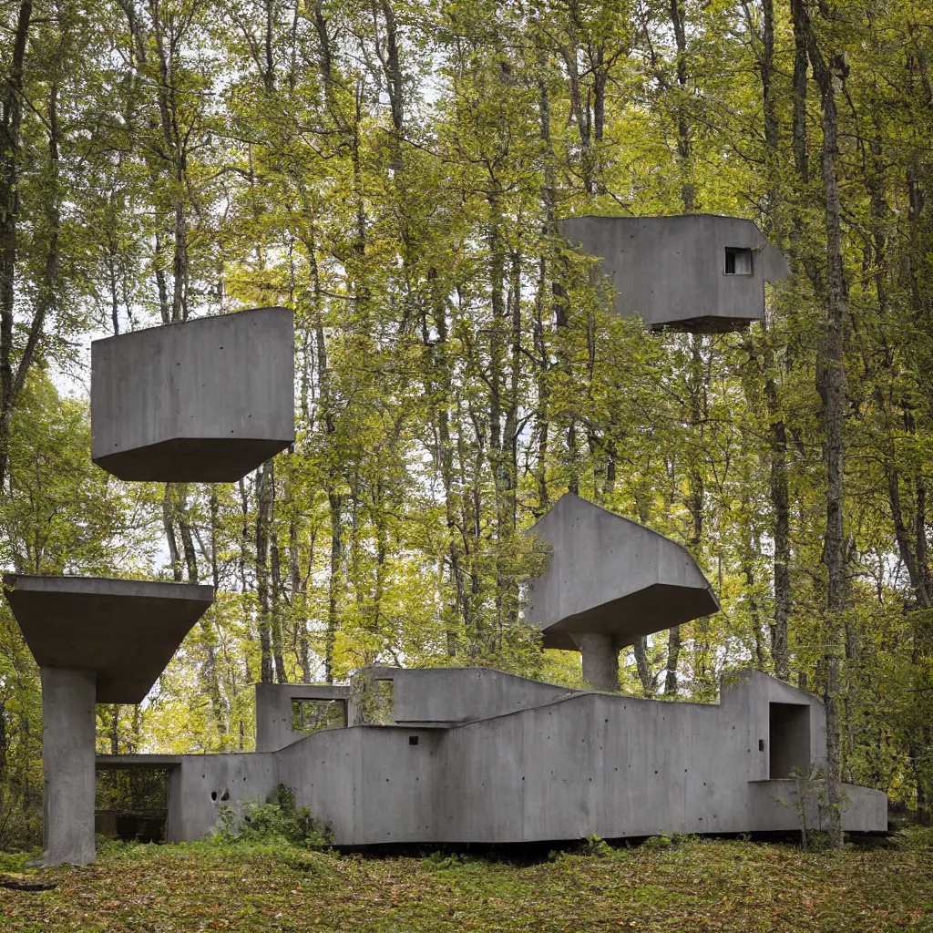 Prompt: a brutalist hobbit house in an eastern europe forest, in the style of mondrian, made from concrete and elm planks, view from across the street, 24mm hasselblot photography