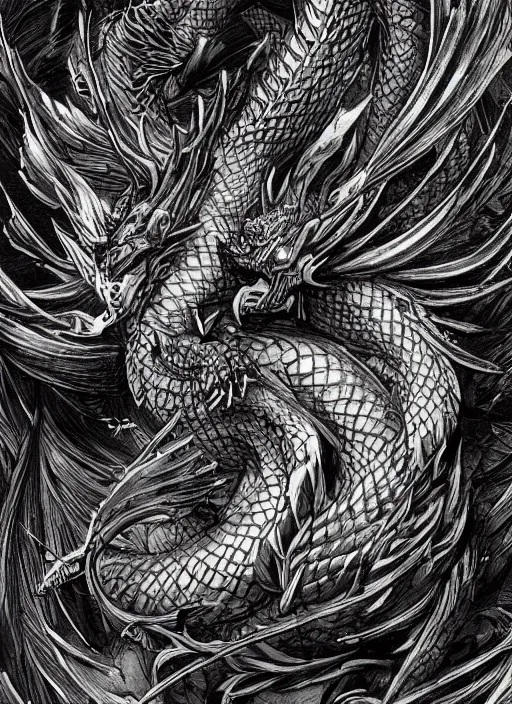 Image similar to highly detailed picture of great dragon, sketch tattoo, dark, black theme, japan style, highly detailed, masterpiece, trending on artstation, golden ratio, cinematic romantic magical, perfect intricate