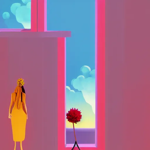 Image similar to giant flower under head, woman next to modern windows, luxury apartment, surreal photography, dramatic light, impressionist painting, digital painting, artstation, james gilleard