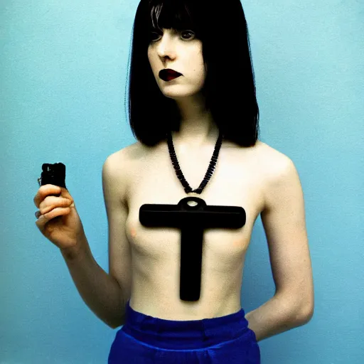 Prompt: full body shot, color slide, Kodak Ektachrome E100, studio photographic portrait of Death as a young friendly, gorgeous, pale, goth girl, wears a Egyptian Ankh Pendant Necklace on her, casual clothes, blue hour, Nikon camera, 75mm lens, f/2.8 aperture, HD, hi-res, hi resolution, deep depth of field, sharp focus, rich deep moody colors, masterpiece image, intricate, realistic, elegant, highly detailed, Shutterstock, Curated Collections, Sony World Photography Awards, Pinterest, by Annie Leibovitz