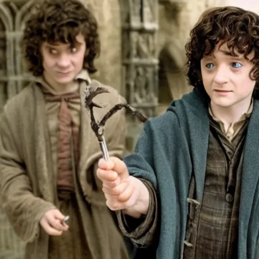 Image similar to frodo baggins buying a magic wand in harry potter movie
