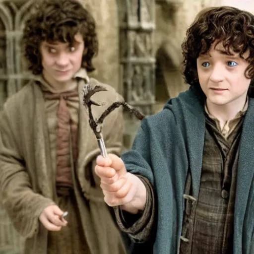 Prompt: frodo baggins buying a magic wand in harry potter movie