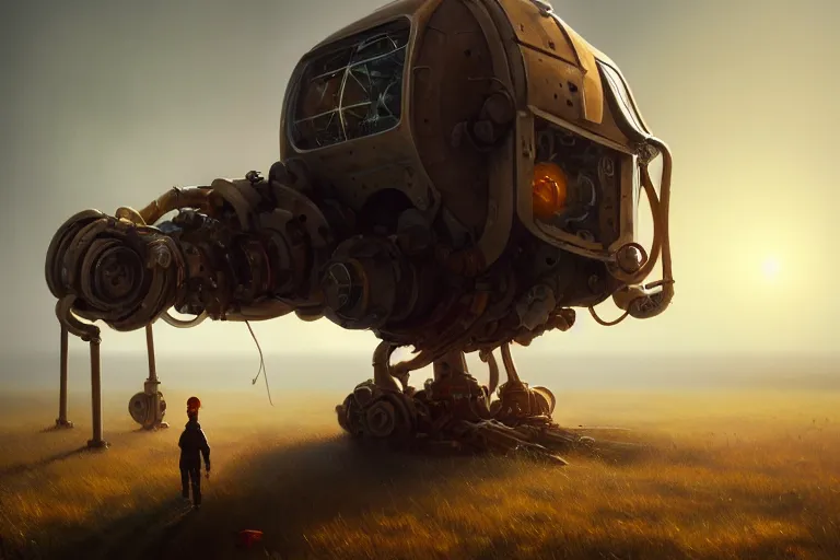 Prompt: a walking mechanical house on mechanical legs, rust, hyperrealistic, highly detailed, cinematic, single ray of sun, fog, beautiful, cgssociety, artstation, 8 k, oil painting
