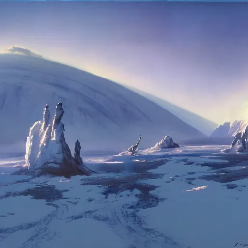 Prompt: Frozen frontiers on an alien planet, mountains above clouds in the background, Syd Mead, John Harris, Federico Pelat,