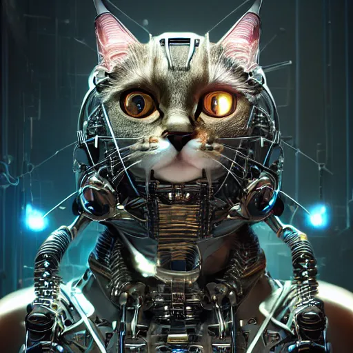 Prompt: 3 / 4 portrait of cybernetic cat wearing epic bionic cyborg implants, wires, tubes, biomechanical details, super model, prismatic highlights, depth of field, cinematic, macro, concept art, 5 0 mm, artstation, digital painting, elegant, focus, octane render, ray tracing, by karol bak