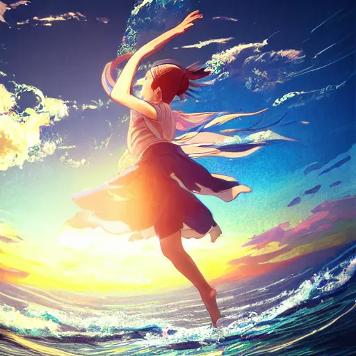 Prompt: A child dancing on water, evokes feelings of joy, beautiful flowing fabric, sunset, dramatic angle, realistic and detailed, by studio trigger, pixiv dslr photo by Makoto Shinkai rossdraws and Wojtek Fus