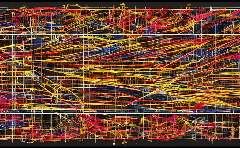 Prompt: automated modularity of the graphic musical score, masculine, explosive, with colors from the movie fight club