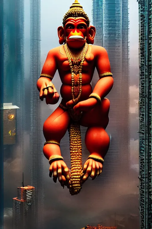 Prompt: high quality 3 d cyberpunk biomorphic hanuman! head building in the middle of mumbai!!, kalighat highly detailed, cinematic smooth, stephen shore & john j. park, soft morning light, wide shot, high angle, uhd 8 k, sharp focus