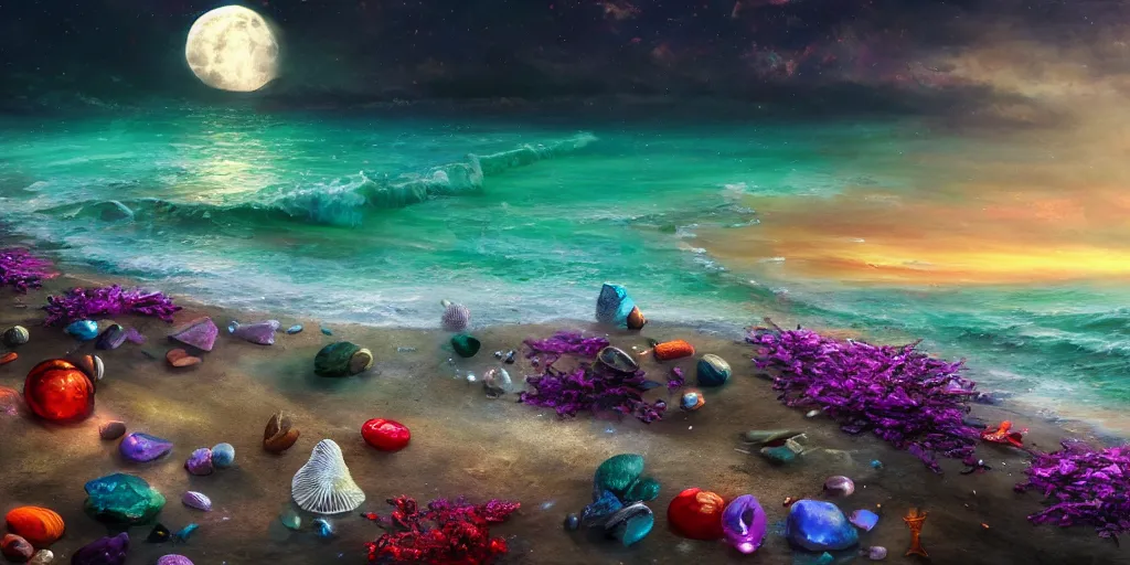 Image similar to a single glittering fairy beach cove at night full of crystals and magical glowing sea shells along the shore, a full moon, water and colorful flowers, extremely detailed oil painting, unreal 5 render, fantasy digital art, octane render, beautiful composition, trending on artstation, award-winning photograph, masterpiece