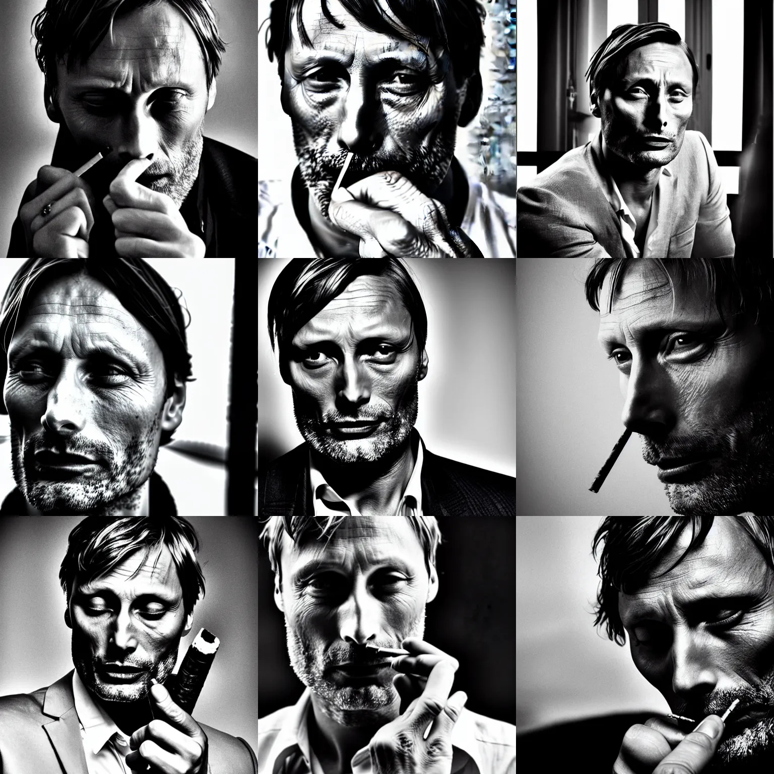 Image similar to Mads Mikkelsen smoking cigarette, dramatic, thoughtful, suspense, portrait black and white