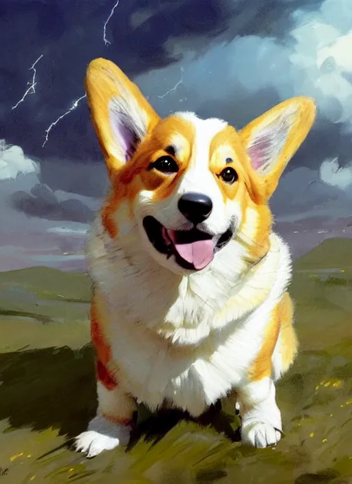 Prompt: Greg Manchess painting of A Corgi from Metroid Prime wearing Forerunner Armor from Halo, countryside, calm, fantasy character portrait, dynamic pose, above view, sunny day, thunder clouds in the sky, artwork by Jeremy Lipkin and Giuseppe Dangelico Pino and Michael Garmash and Rob Rey, very coherent asymmetrical artwork, sharp edges, perfect face, simple form, 100mm