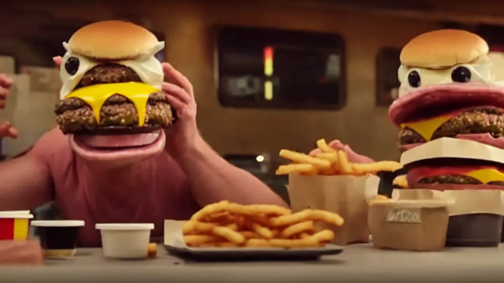 Prompt: the strange creature eats a cheeseburger, at the fast food restaurant, television commercial, directed by david cronenberg studio lighting, extremely professional