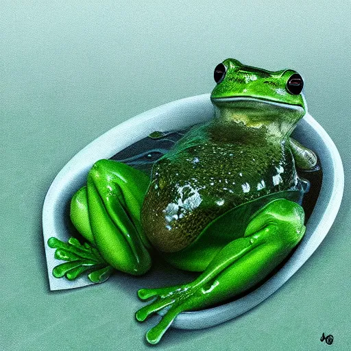 Prompt: frog submerged in yogurt, digital art, photorealistic, shiny, trending on artstation, extremely detailed,