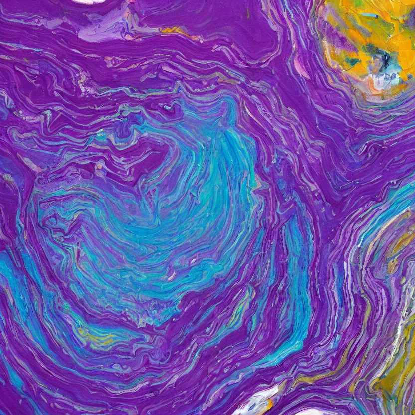 Image similar to abstract multiple layers of purple and blue shades paint dripping and running in a circular pattern, oil on canvas, detailed