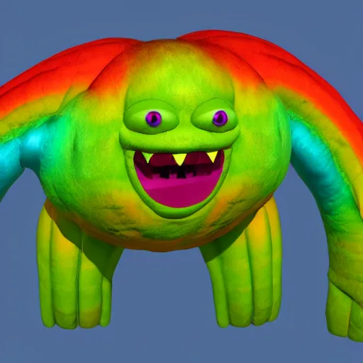 Image similar to 3 d render of a monster made of rainbows, terrifying, beautiful, cringe