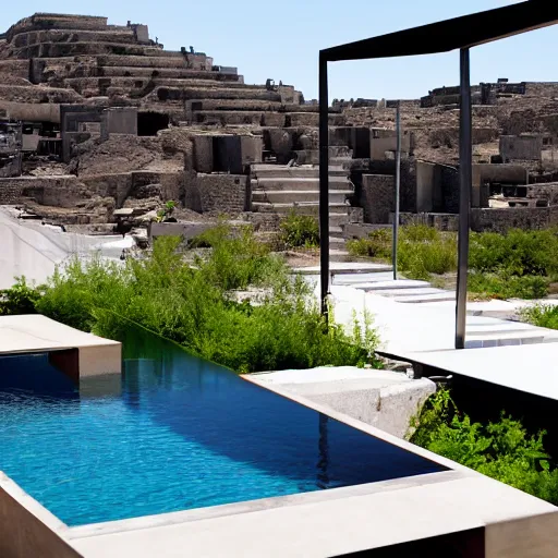 Image similar to habitat 6 7 in the desert, biophilia mood, pool, garden, highly detailed, cinematic, photorealistic,