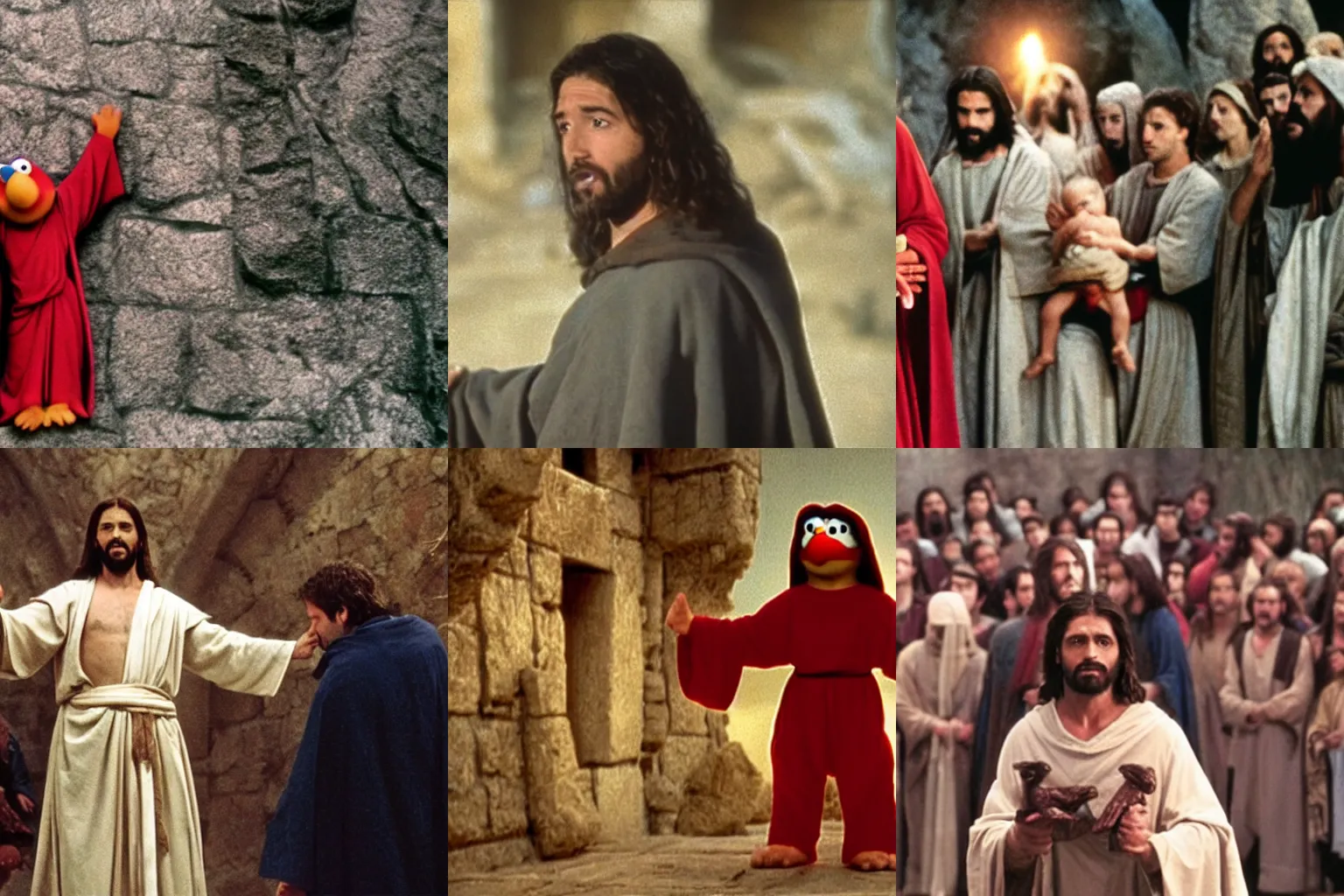 Prompt: the passion of the Christ recast with Elmo as Jesus