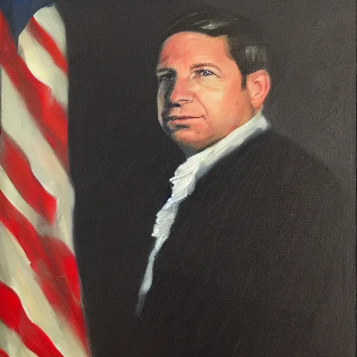 Image similar to oil painting of Ron Desantis in front of a Betsy Ross flag, dark, creepy, ominous