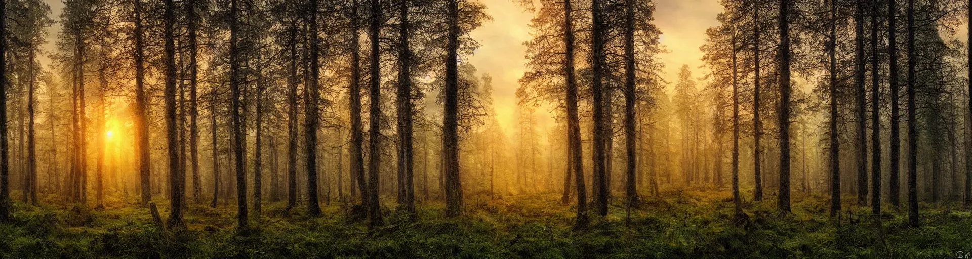 Prompt: beautiful rainy forest landscape of sweden with a majestic sunrise, art, high detail, high definition, photorealistic, hdr,