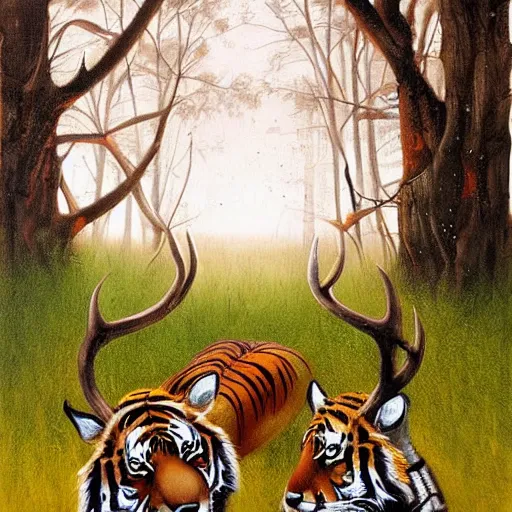 Image similar to a painting of deer and tiger facing each other, their heads bowed towards ground by esao andrews