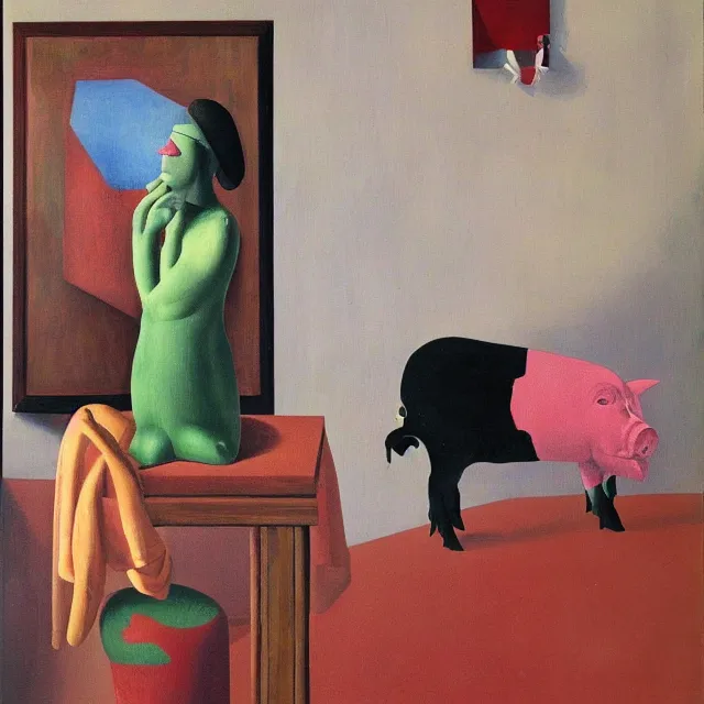 Image similar to a female art student in her apartment, sculpture work in progress, pig, pomegranate, acrylic on canvas, surrealist, by magritte and monet