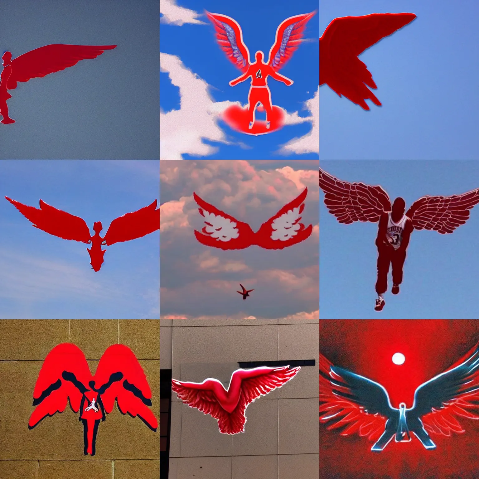 Prompt: a red air jordan flying on the sky with angel wings!!!