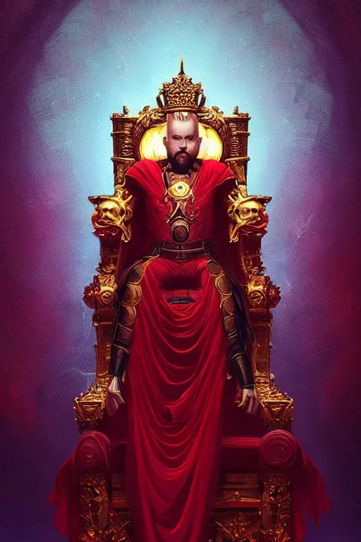 Image similar to the emperor, the crowned embodiment of male power holding the symbol of his power sits on a lavish red throne ruling with wisdom and care, 8 k resolution digital painting, by alena aenami, by michael whelan, behance hd, trending on artstation deviantart