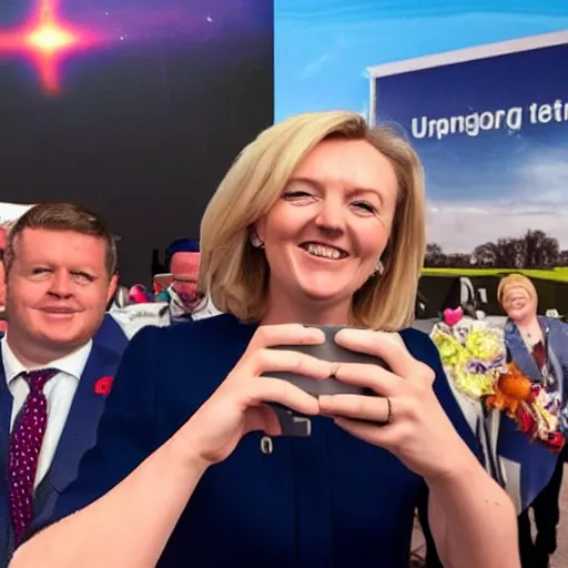 Image similar to a smiling Liz Truss takes a selfie as a nuclear bomb explodes behind her