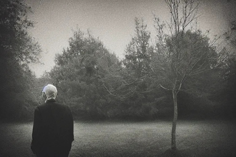 Image similar to “Photo in style of Matt Mahurin. Close-up of a serious old man in a garden full of levitating trees. The dark sky is torn open like a paper and bright light shines through it. Dark. Cinematic lighting. Old grainy photo.”