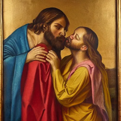 Image similar to 1 8 th oil panting of a jesus kissing a woman