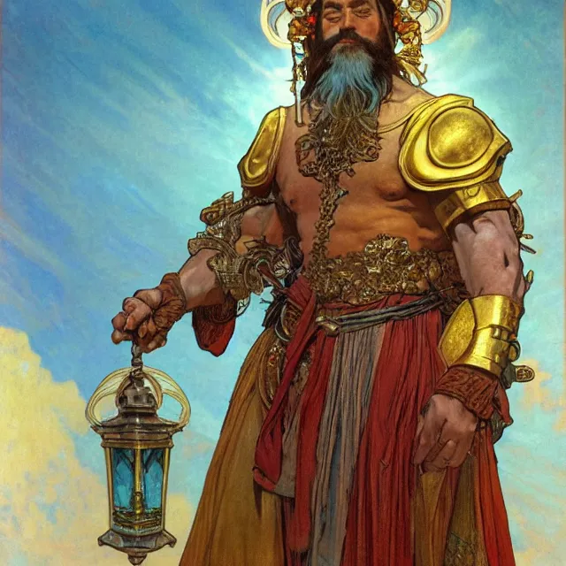 Prompt: an aesthetic! a detailed portrait of a man in a long beard, in golden armor, with a crown, holding a lantern with stacks of gold in the background, by frank frazetta and alphonse mucha, oil on canvas, art nouveau dungeons and dragons fantasy art, hd, god rays, ray tracing, crisp contour lines, huhd