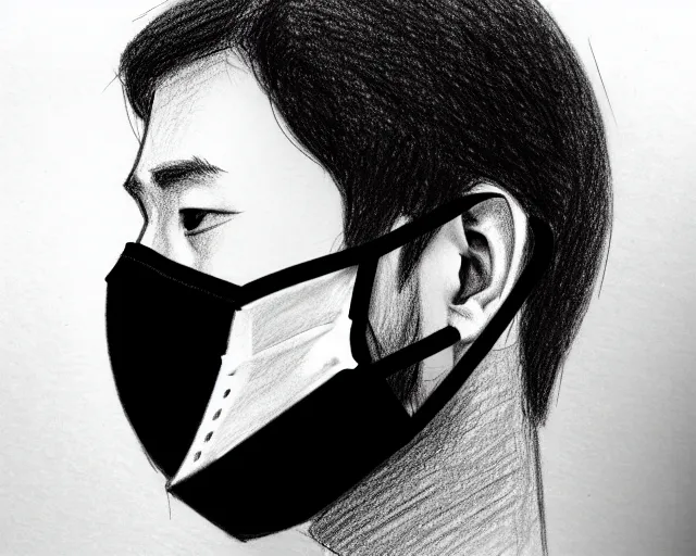 Image similar to draft drawing of a european man covering face with mask, a sketch by choro choi, thin stroke, trending on artstation, context art, pencil sketch, high detail