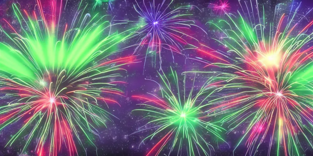 Image similar to muted rgb fireworks bursting in the sky form patterns to look like baby yoda but they're fireworks. 8 k, 4 k, hq, 3 d render, digital art, dramatic lighting, comedy, science fiction, hyper realistic, ultra detailed.