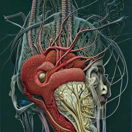 Image similar to nightmare etherreal iridescent vascular nerve bundles pearlescent spinal chord horror by naoto hattori, zdzislaw, norman rockwell, studio ghibli, anatomical cutaway