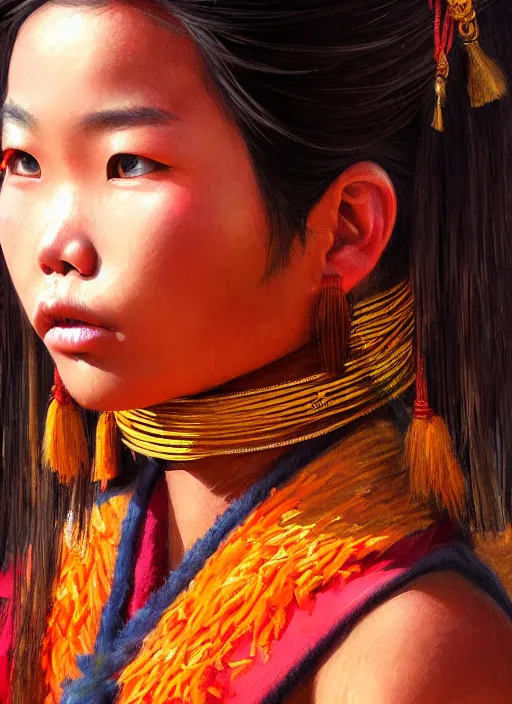 Prompt: portrait of a beautiful teen tai ethnic north thailand, closeup portrait, historical, ethnic group, traditional costume, elegant, loin cloth, highly detailed, oil painting, artstation, concept art, matte, sharp focus, illustration, hearthstone, art by earl norem