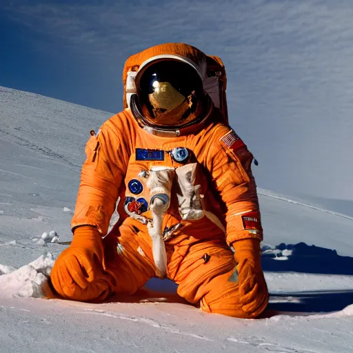 Image similar to astronaut in orange polar exploration suit crouching down in the snow behind a small plant