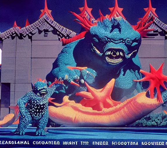 Image similar to Pulgasari the North Korean monster, volumetric lighting, filmstill, produced by Kim Jong-il, Kodachrome, kaiju-eiga, starfish monster movie