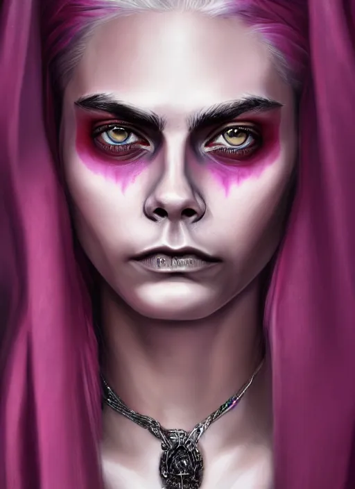 Prompt: Cara Delevigne, white hair, magenta shirt, gentle smile, beautiful detailed eyes, dirty, fantasy, intricate, rough, highly detailed, digital painting, 4k, HDR, concept art, detailed jewelry, smooth, sharp focus, illustration