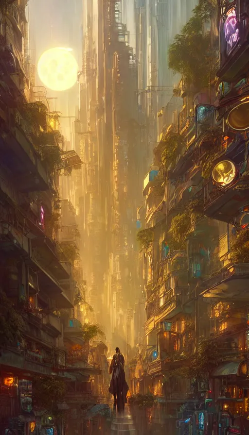 Image similar to golden goddess cutting a hyper realistic cyberpunk city in half with magic, crowded market street overtaken by lush plants, kittens, full moon, light rays, gnarly trees by tom bagshaw, mucha, gaston bussiere, craig mullins, j. c. leyendecker 8 k